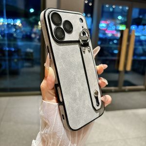 Suede Leather Wrist Strap Holder Phone Case For iPhone 17 16 15 14 13 Plus Pro Max Matte Camera Protection Anti-Scratch Cover