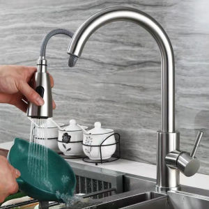 SUS304 Kran Sink Tarik Keran Angsa Fleksibel Keran Cuci Piring Sink Kran Wastafel Stainless Faucet