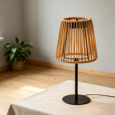 Smart Sensor Table Lamp Warm Light Light Control IP44 Water Proof Solar USB Rechargeable Desk Lamp with Rattan Lampshade for Indoor Outdoor