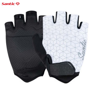 Santic ถุงมือขี่จักรยานสำหรับผู้ชายและผู้หญิงระบายอากาศทนต่อการสึกหรอสะท้อนการดูดซับแรงกระแทกถุงมือกีฬาครึ่งนิ้ว