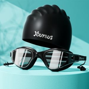 SGFDD ป้องกันหมอก ชุดแว่นตาว่ายน้ำสำหรับผู้ใหญ่ พร้อมคลิปจมูก ปรับได้ หมวกว่ายน้ำซิลิโคน สะดวกสบาย ป้องกันการรั่วไหล แว่นตาดำน้ำ ฤดูร้อน