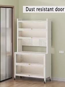 Kitchen Cabinet Microwave Oven Rack Storage Shelf Multi Layer 5 6 Layer Carbon Steel With Pegboard Organizer Wheels Dustproof Storage Organizer Sideboard Cupboard For Kitchen Use Sturdy Durable Easy To Move Space Saving Practical Heavy Duty
