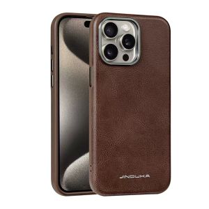 CrashStar Magsafe Luxury Genuine Leather Business Shockproof Phone Case For iPhone 16 15 14 Pro Max Plus 16e 13 12 Pro Max Wireless Charging Phone Casing Anti-fall Protective Cover Shell With Alloy Metal Camera Lens Protection