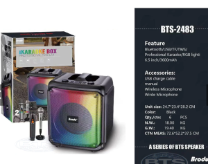 BTS 2483  Brodu Bluetooth Speaker with RGB Light 6.5" 3600mah with 1 wireless Microphone and 1 wired Microphone (Complete Accessories in the box) ORIGINAL