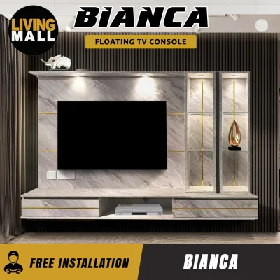 Living Mall Bianca Hanging TV Console Floating with Display Shelf Cabinet & Built-in Light & Socket