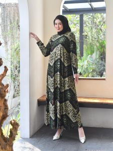 Gamis Wanita Ningrum Bahan Calvin Jeans Motif Batik Size L XXL LD 100 110 Baju Dress Muslim Terbaru