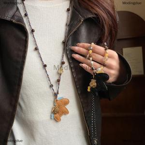 [COD] Modingdue Vintage Fashion Beading Leather Horse Necklace For Women Pendant Long Neck Chain Sweater Clavicle Chain Jewelry Accessories Gift