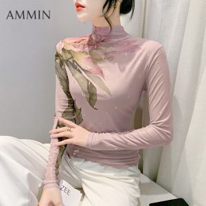 AMMIN สีทึบฤดูใบไม้ผลิและฤดูใบไม้ร่วงแบบเรียบง่ายเสื้อแขนยาวลายขวาง Sablon Bunga ยืดได้สำหรับผู้หญิงเสื้อยืดผ้าฝ้ายสไตล์เกาหลีคอตั้งพิมพ์ลายเพชรสดใสเสื้อสำหรับผู้หญิงไซส์พิเศษ