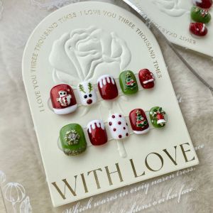 [HANDMADE]Artificial Nail Christmas Hand-Painted Tree Santa Claus Elk Red and Green Contrast Pearlescent Phototpy Nails Reusable and Removable Nails