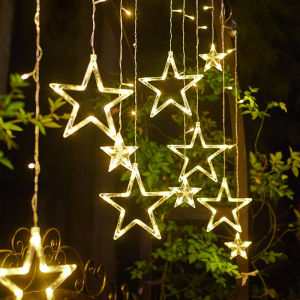 138 LED Star Moon Curtain String Lights 8 Modes DecorationsLED Light Home Holiday Wedding Party Garden Curtain星星灯串/圣诞灯