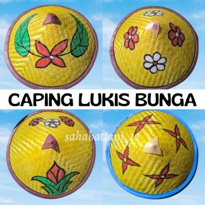 Topi caping lukis anak cewe / tudung caping petani dekoarasi unik motif bunga