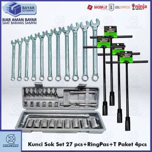 PAKET SERVIS LENGKAP Kenmaster Kunci Sok 27 Pcs + Kunci Sock T 4 pcs set ( 8 10 12 14 mm ) Kunci Ring Pas set 11 pcs 8 - 22 mm Diamond