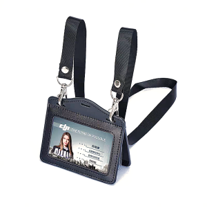 Badge Holder Trifold with Lanyard Leather Card Holders and Clear ID Window for Office Staffs Student Teacher Couriers Formal Classic Black