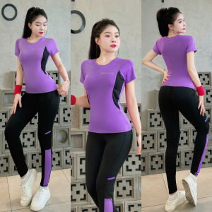 Quần áo tập gym yoga aerobic nữ cộc tay phối màu - Bộ tập thể thao nữ kín bụng quần dài legging co giãn 4 chiều-(D39)