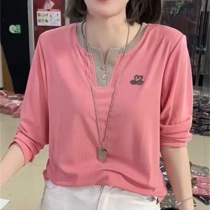 Woman Plus Size V Neck Button Front Blouse Casual Plain Round Neck Long Sleeve T-shirt    L2242
