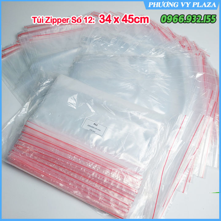 100 Túi Zip Trong Chỉ Đỏ Bấm Miệng - size 34 x 45 cm
