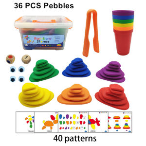 Education Rainbow Pebbles with Stacking Cups Montessori Educational Sorting and Stacking Rainbow Toy For 3Year Old with 36pcs Pebbles Math Manipulatives Toy Storage and Games Book