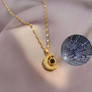 OYJR Stainless Steel Women's Couple Necklace I Love You 100 Language Projection Vintage Korean Gold Pendant Jewelry Accessories