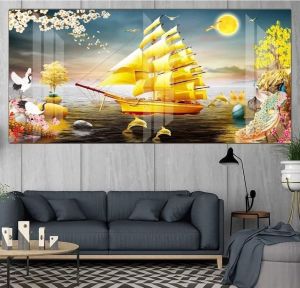 Tranh treo tường thuận buồm xuôi gió có ĐÍNH ĐÁ PHA LÊ tranh treo tường tráng gương trang trí phòng khách quà tặng khai trương tân gia