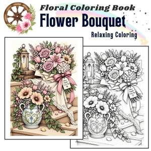 Flower Bouquet Adult Coloring Book Flower in vase basket flower stand box Buku Mewarna Dewasa