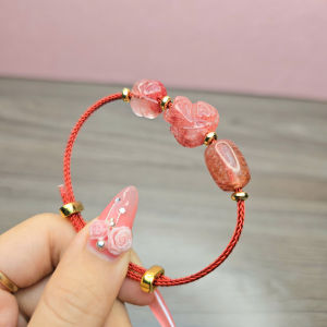 Q255 Vòng tay lu thống cỏ 4 lá hồ ly Thạch Anh Tóc Đỏ cộng sinh ƯL Hồng Đào dây cáp cho Hỏa và Thổ - Phong Thủy TUDO