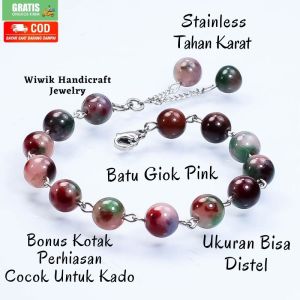 Gelang Tangan Wanita / Gelang Batu Cewek Stainless Tahan Karat Batu Beads Giok Pink Hadiah Kado Terbaru
