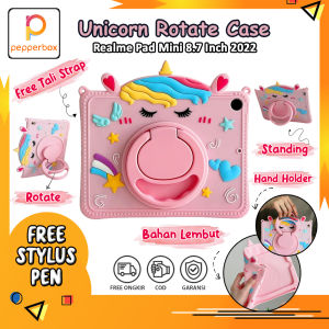 Softcase Realme Pad Mini 8.7 Inch 2022 Bonus Tali Panjang Case Anak Motif Karakter Kartun Unicorn SlotPen Lucu Ring Rotate Rotasi Putar 360 Cute Standing Casing Cover Sandaran Dudukan Berdiri Skin Aksesoris Tablet Pink for Girls Cewek Kesing Pelindung