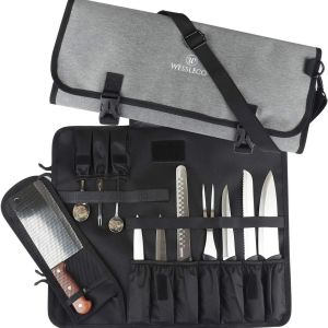 Portable Kitchen Knife Roll Bag 15-Inch- Grey Oxford Cloth Chef Tool Organizer with Adjustable Shoulder Strap