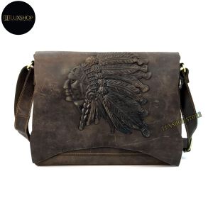3D Corak Apachi Red Indian Picture Full Grain Cowhide Leather Sling Bag Men Crossbody Bag Shoulder Messenger Bag
