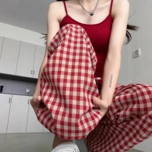 WENQUE Y2K Casual Dragging Pants High Waist Red Stripe Wide Leg Loose Pants All Match Spring Summer Plaid Drawstring Trousers Girls