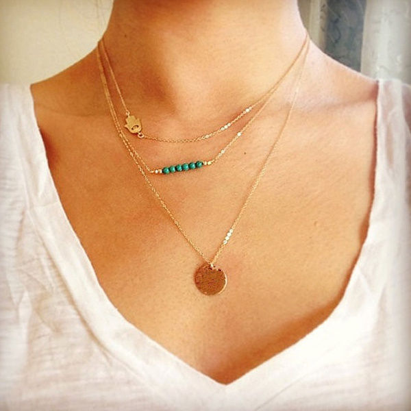 New Fashion Women 3 Layer Gold Color Chain Necklace Charm Pendant Gift Jewelry Accessories