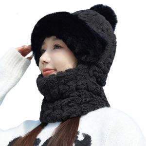 Cold Weather Knitted Hat with Neck Scarf Full Face Coverage Windproof Fleece Lined Winter Hat for Women Outdoor Activity