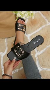 Fashionable And Comfortable WomenS Square-Toed High-Heeled Sandals Ladies Slippers With Versatile Style And Metal Decorative Buckle