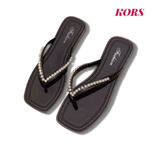 รองเท้าแตะผู้หญิง รองเท้าชายหาดส้นแบนพร้อมนิ้วเท้าประดับมุก รองเท้าแตะและรองเท้าแตะสำหรับฤดูร้อน2025