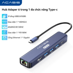 Trạm kết nối USB-C 6 trong 1 Acasis | HDMI 4K60Hz + Sạc nhanh PD 100W | 3xUSB3.0 & Gigabit Ethernet cho Mac/Windows | Cáp mở rộng 33ft cho văn phòng/chơi game