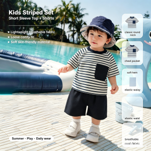 AILEBE Kids Sets Striped Short Sleeve Top Shorts Set Lightweight Breathable Summer Wear Loose Comfy Fit With Chest Pocket Soft Skin-Friendly Fine Stitching Pambahay OOTD For Baby Boys 0-4 Years