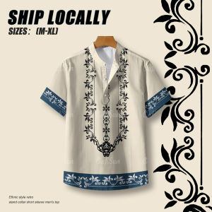 Men shirts Summer ASEAN Ethnic style Retro Short-sleeved tops 3D printing Clothing Oversized Loose Comfortable Breathable Men stand-up collar shirt