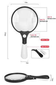 Kính lúp cầm tay loại đại magnification TH-607B (viền đen) zoom 2x 4x 25x Lens 137mm có 3 đèn Led