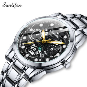 SUNLIFEX Jam Tangan Pria Tipis Bercahaya Santai Bisnis Tampilan Kalender Berongga Dial Jam Tangan Cowok Free Box