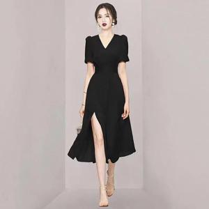 【Barley】Modern Filipiniana Dress Pluz Size Dress Trendy Korean Formal Boho dress Socialite High-Grade TemperamentVCollar Mesh Split High Waist Puff Short Sleeve Dress 2022 Summer New Womens Clothing