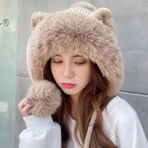 TU3Y Cats Ear Warm Knitted Hats Plush Fluffy Earflap Cap Skiing Hat Cute Cartoon Thicken Hat Winter