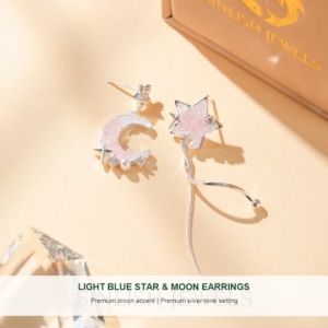 SINLISH Star & Moon Asymmetrical Earrings Light Blue Gradient Crystal Premium Zirconia Jewelry (one pair)