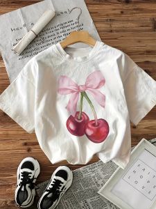 Women Casual Short Sleeve Crew Neck T-Shirt - Cherry & Bow Graphic Print White with Red Cherries & Pink Ribbon Lightweight Breathable Fabric Machine Washable All-Season Comfort Casual Attire