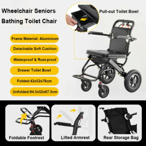 Wheelchair Seniors Bathing Chair with Toilet Bowl Shifting Foldable Commode Transport Wheelchair Toilet Wheelchair for Seniors and Elderly Lift Wheelchair Bathroom Chair