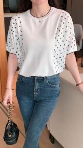 Ammin2024 Áo thun cổ tròn dáng rộng phiên bản Hàn Quốc mới mùa hè áo in hoa tay áo vải voan dệt kim Lụa băng cho nữ áo blouse thanh lịch thường ngày