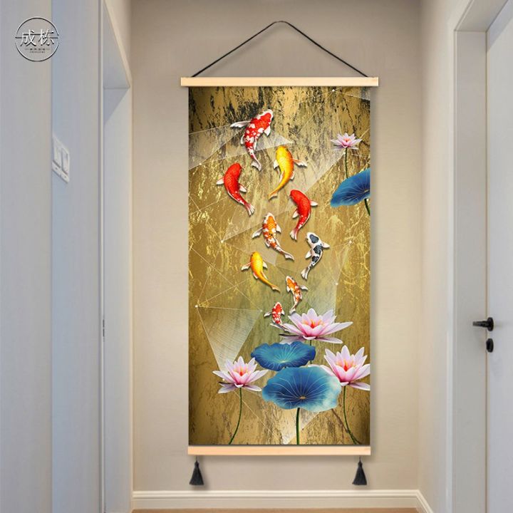 ※Zガラシャ新レストラン装飾画九魚図食堂掛画正方形入門玄関画# 现货正品】新中式九鱼图入户玄关装饰画客厅挂布背景布布艺挂画