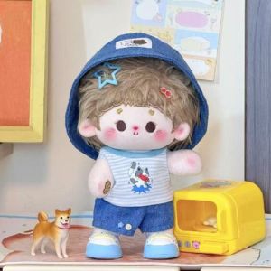 VERIDIAI 1 set Áo thun sọc Quần áo búp bê cotton 10/20cm Mũ cao bồi Bộ mùa hè Quần áo búp bê cotton 20cm Quần áo đồ chơi nhồi bông Thời trang Quần áo búp bê 10cm Quà tặng trẻ em