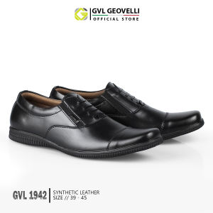GVL Geovelli Oxford Full Black - Sepatu Pantopel Kasual Kerja Kantor Kulit Hitam G1942
