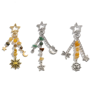 Punk Stars Moon Sun Pendant Keychain Charm for Women and Girls with Colorful Beads Bohemian Bag Charm Gifts