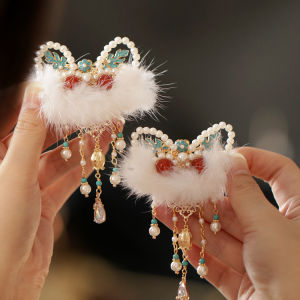 1Pc New Chinese Lion Tassel New Year Hairpin Headdress 2024 Vintage Pearls Cute Plush Hair Clip for Women Girls Hair Accessories
